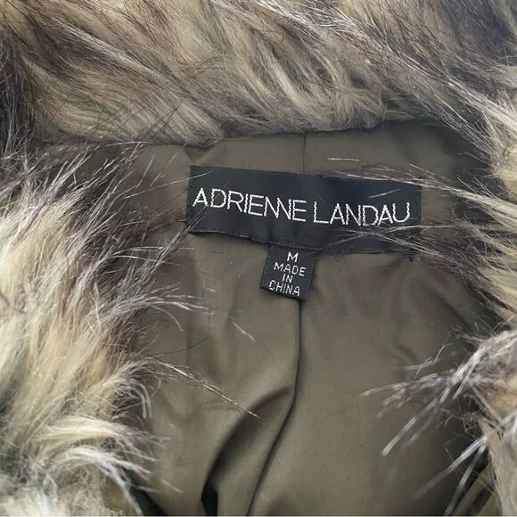 Adrienne Landau olive green faux fur nylon hooded army bomber jacket winter M - Picture 6 of 9